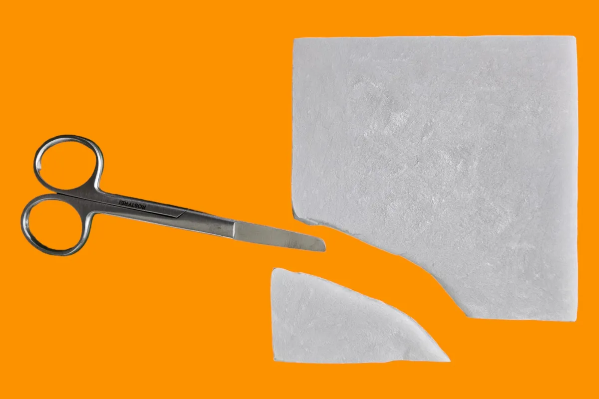 MB-Collagen — MB-Collagen kolajen örtü ve künt uçlu cerrahi makas, kesilmiş parçasıyla birlikte