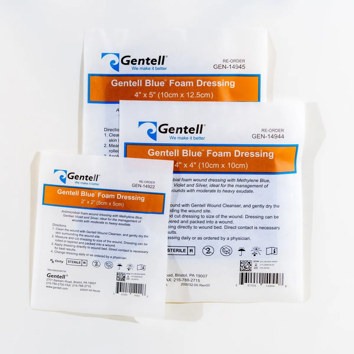 RTD Gentell Blue — Üç ebadın steril poşetleri bir arada (GEN-14945 / GEN-14944 / GEN-14922)